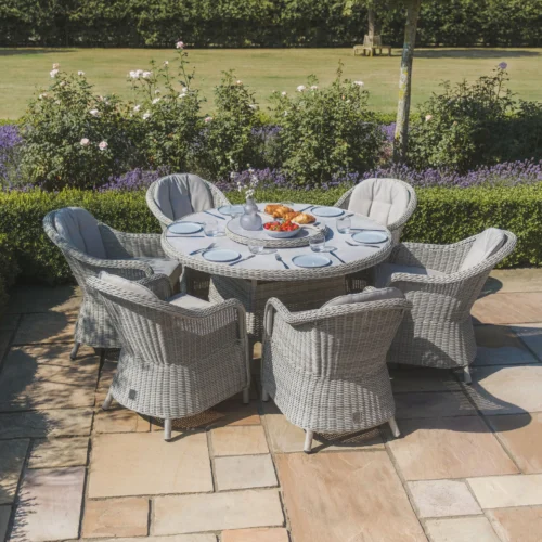 Oxford 6 Seat Round Dining Set with Heritage Dining Chairs & Woven Lazy Susan – Ceramic Glass