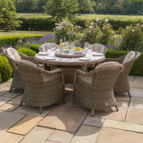 Winchester 6 Seat Round Dining Set with Heritage Dining Chairs & Woven Lazy Susan – Ceramic Glass