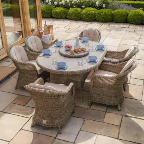 Winchester 6 Seat Oval Dining Set with Heritage Dining Chairs & Woven Lazy Susan – Ceramic Glass