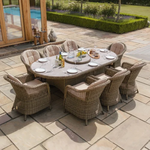 Winchester 8 Seat Oval Dining Set with Heritage Dining Chairs & Woven Lazy Susan – Ceramic Glass