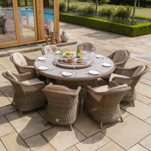 Winchester 8 Seat Round Dining Set with Heritage Dining Chairs & Woven Lazy Susan – Ceramic Glass