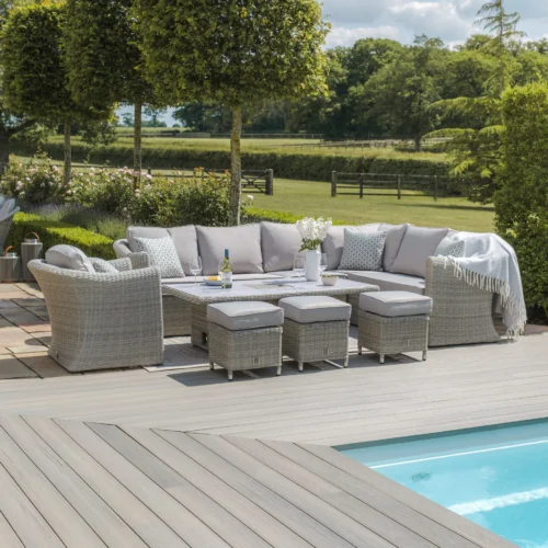 Oxford Deluxe Large Rattan Corner Dining Set with Rising Table & Armchair – Ceramic Glass