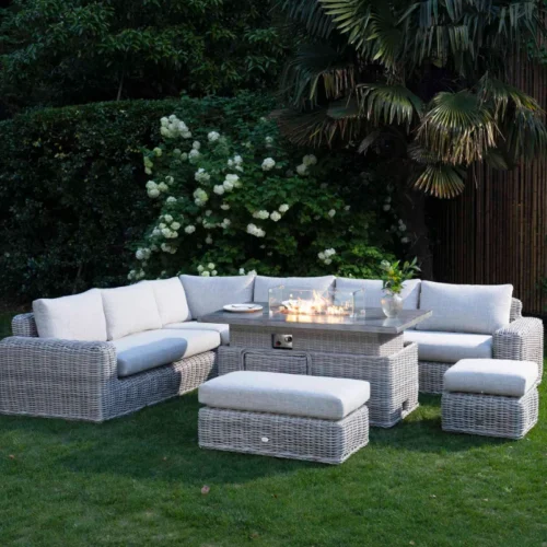 Bellagio Round Wicker Large Corner Casual Dining Set with Rising Firepit Table, Light Grey